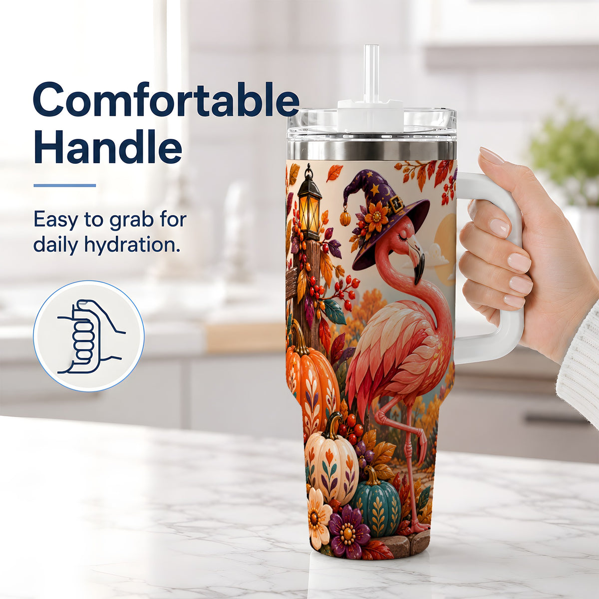 #pl[40oz|White] Halloween Flamingo 40oz Tumbler, Witch Hat Pumpkin Art for Fall Fans