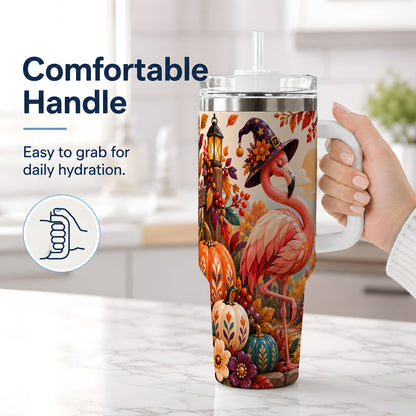 #pl[40oz|White] Halloween Flamingo 40oz Tumbler, Witch Hat Pumpkin Art for Fall Fans