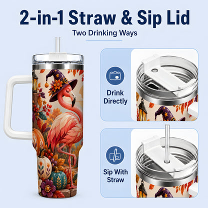#pl[40oz|White] Halloween Flamingo 40oz Tumbler, Witch Hat Pumpkin Art for Fall Fans