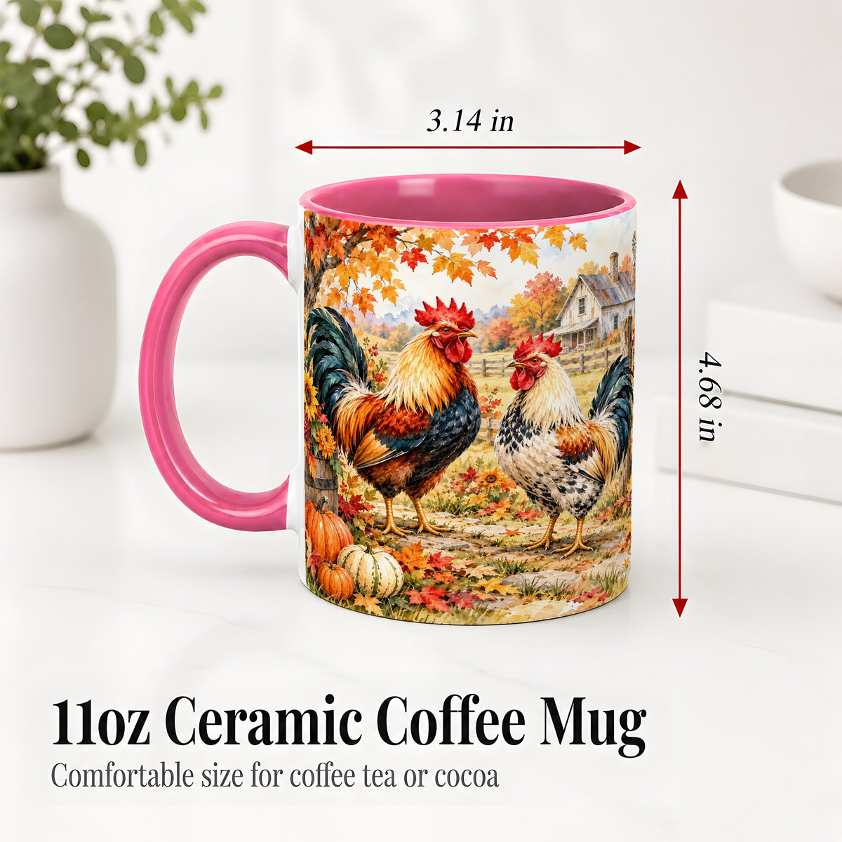 #pl[11oz|Pink] Autumn Rooster Ceramic Mug with Farm, Pumpkin and Fall Leaf Artwork