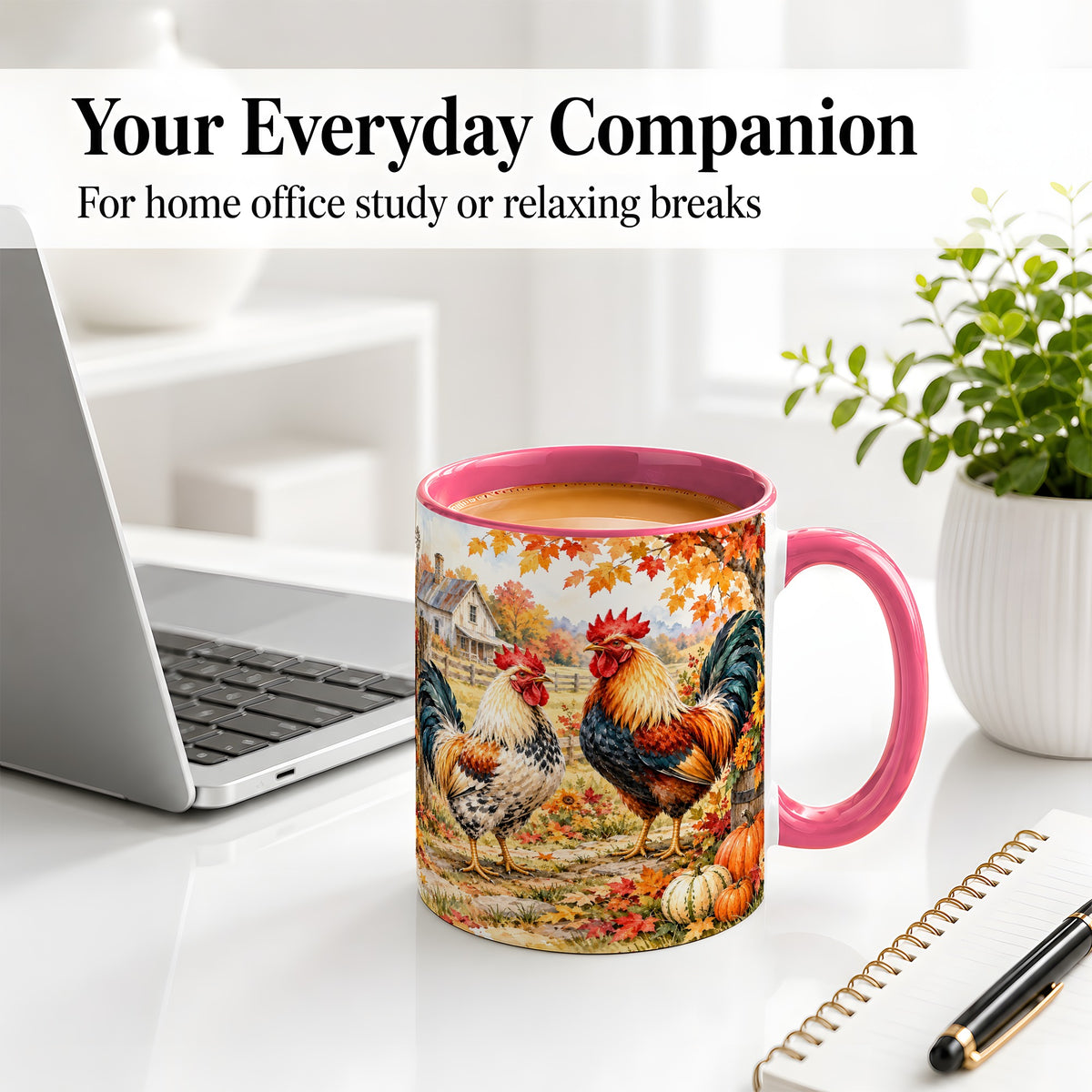 #pl[11oz|Pink] Autumn Rooster Ceramic Mug with Farm, Pumpkin and Fall Leaf Artwork