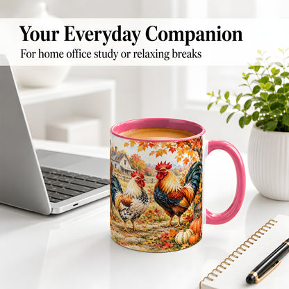 #pl[11oz|Pink] Autumn Rooster Ceramic Mug with Farm, Pumpkin and Fall Leaf Artwork