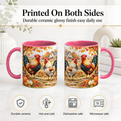 #pl[11oz|Pink] Autumn Rooster Ceramic Mug with Farm, Pumpkin and Fall Leaf Artwork