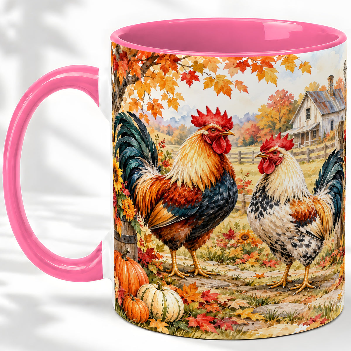 #pl[11oz|Pink] Autumn Rooster Ceramic Mug with Farm, Pumpkin and Fall Leaf Artwork