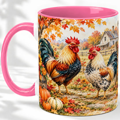 #pl[11oz|Pink] Autumn Rooster Ceramic Mug with Farm, Pumpkin and Fall Leaf Artwork