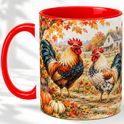 Autumn Rooster Ceramic Mug with Farm, Pumpkin and Fall Leaf Artwork