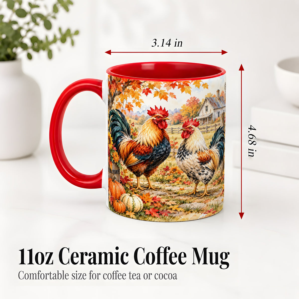 #pl[11oz|Red] Autumn Rooster Ceramic Mug with Farm, Pumpkin and Fall Leaf Artwork