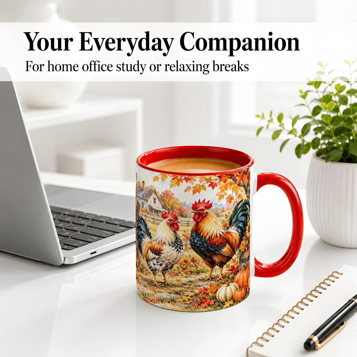 #pl[11oz|Red] Autumn Rooster Ceramic Mug with Farm, Pumpkin and Fall Leaf Artwork