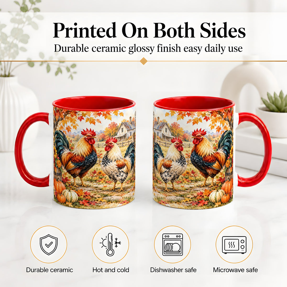 #pl[11oz|Red] Autumn Rooster Ceramic Mug with Farm, Pumpkin and Fall Leaf Artwork