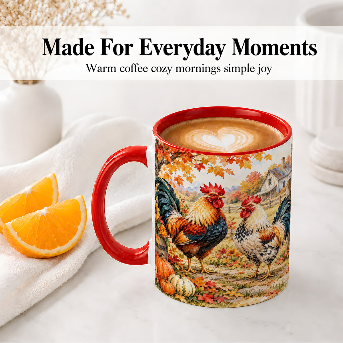 #pl[11oz|Red] Autumn Rooster Ceramic Mug with Farm, Pumpkin and Fall Leaf Artwork