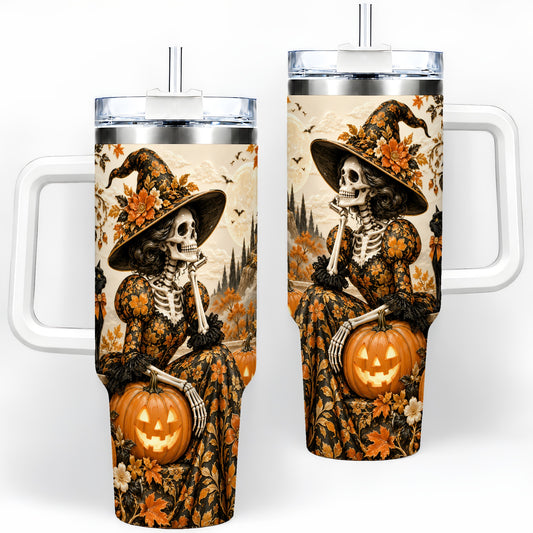 Gothic Halloween 40oz Tumbler, Skeleton Witch and Black Cat Pumpkin Art