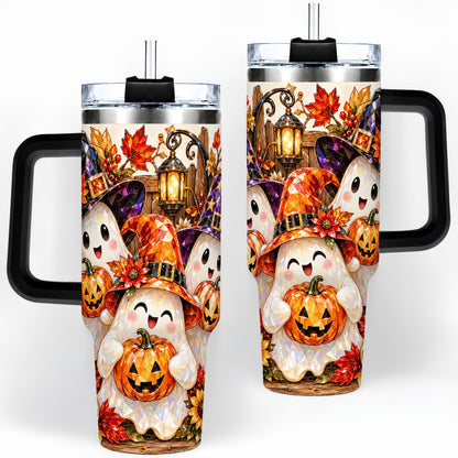 #pl[40oz|Black] Cute Halloween Ghost 40oz Tumbler, Witch Hat Pumpkin Art for Ghost Fans