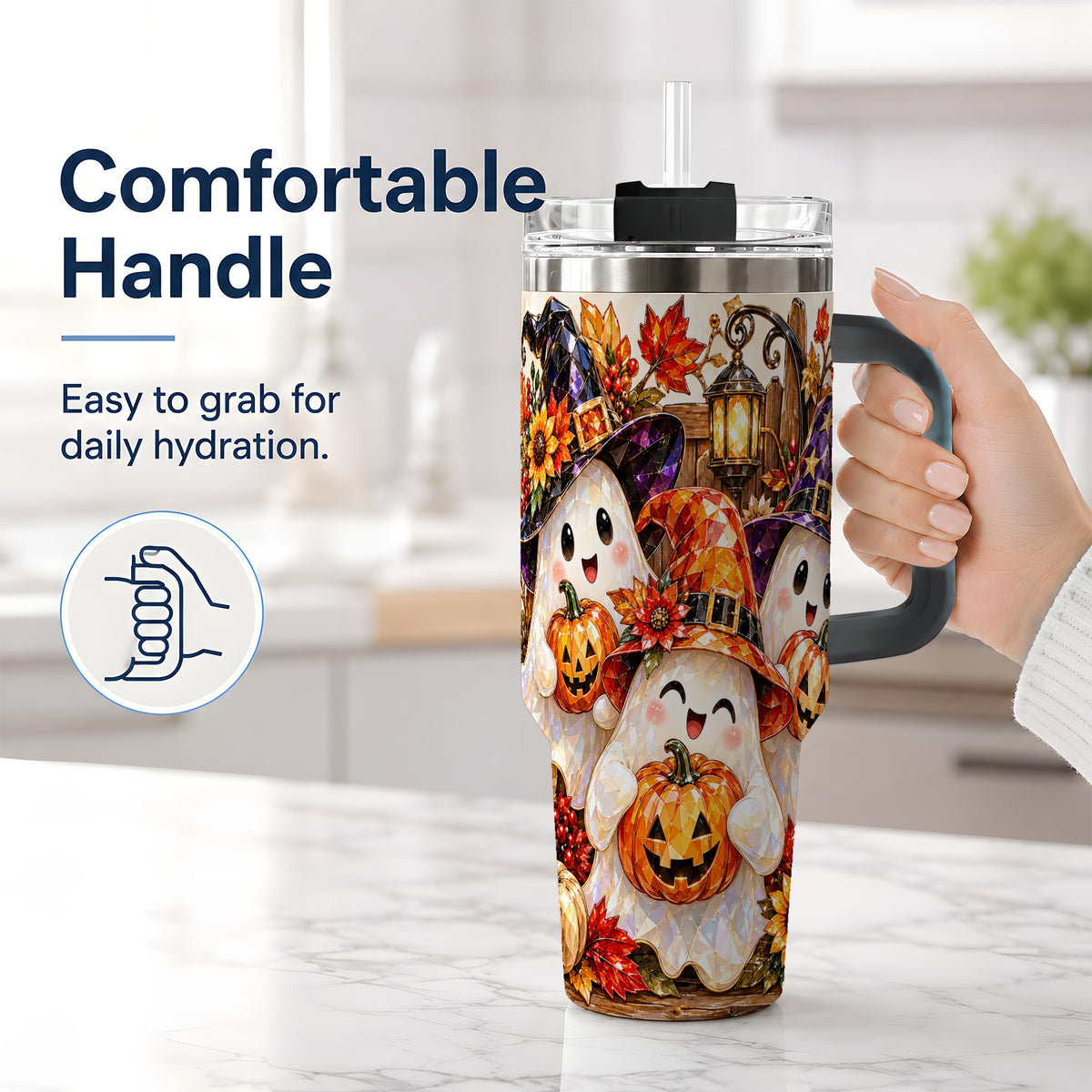 #pl[40oz|Black] Cute Halloween Ghost 40oz Tumbler, Witch Hat Pumpkin Art for Ghost Fans