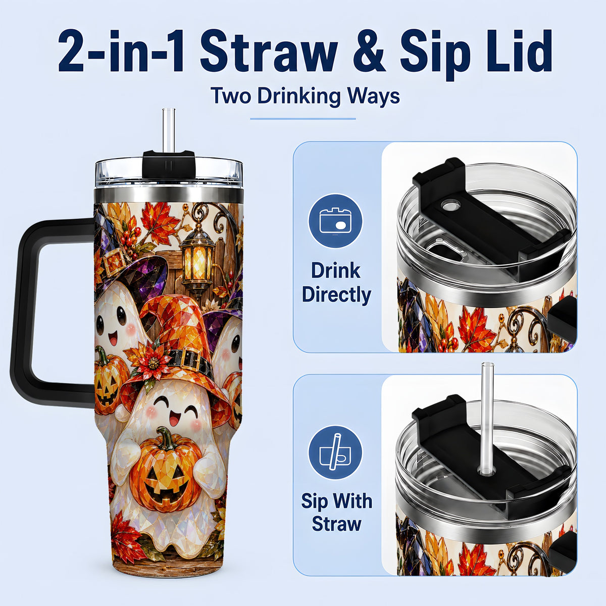 #pl[40oz|Black] Cute Halloween Ghost 40oz Tumbler, Witch Hat Pumpkin Art for Ghost Fans