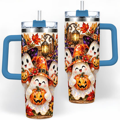 #pl[40oz|Blue] Cute Halloween Ghost 40oz Tumbler, Witch Hat Pumpkin Art for Ghost Fans