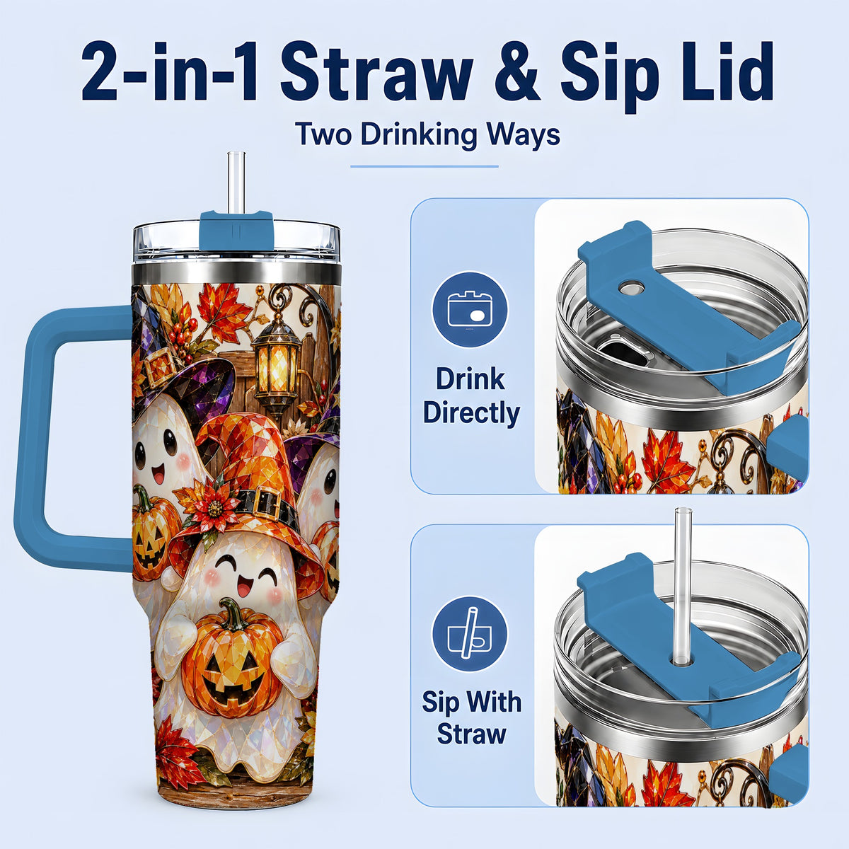 #pl[40oz|Blue] Cute Halloween Ghost 40oz Tumbler, Witch Hat Pumpkin Art for Ghost Fans