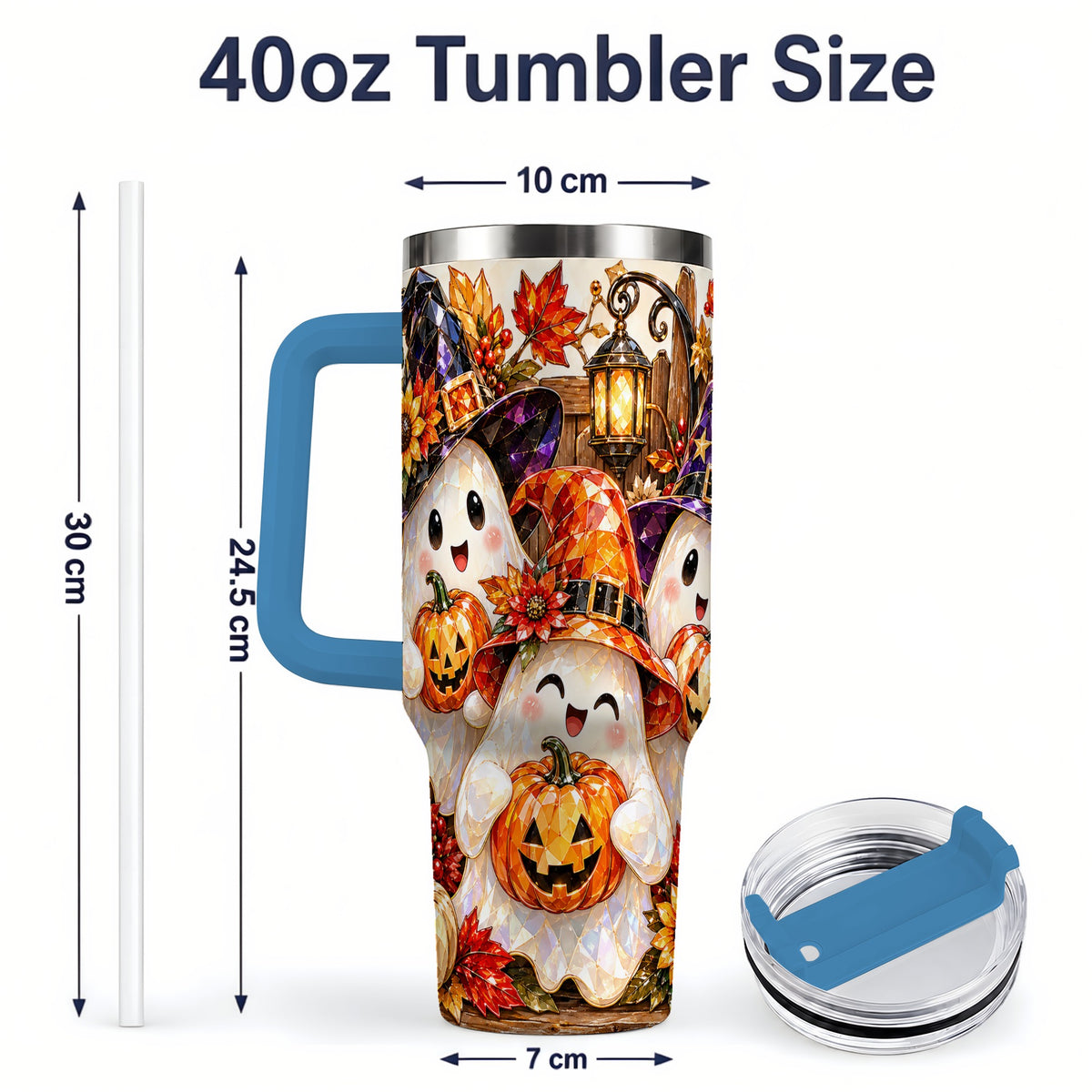 #pl[40oz|Blue] Cute Halloween Ghost 40oz Tumbler, Witch Hat Pumpkin Art for Ghost Fans