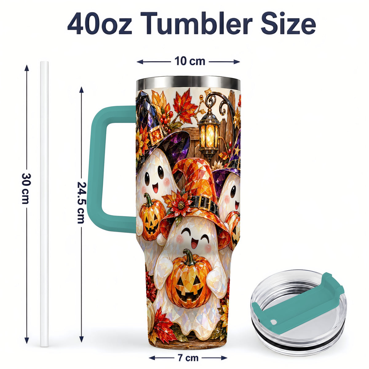 #pl[40oz|Green] Cute Halloween Ghost 40oz Tumbler, Witch Hat Pumpkin Art for Ghost Fans