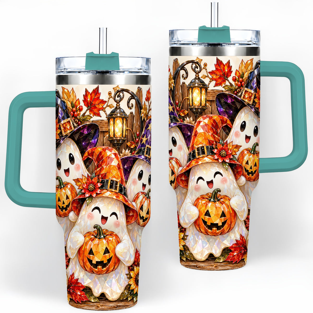 #pl[40oz|Green] Cute Halloween Ghost 40oz Tumbler, Witch Hat Pumpkin Art for Ghost Fans