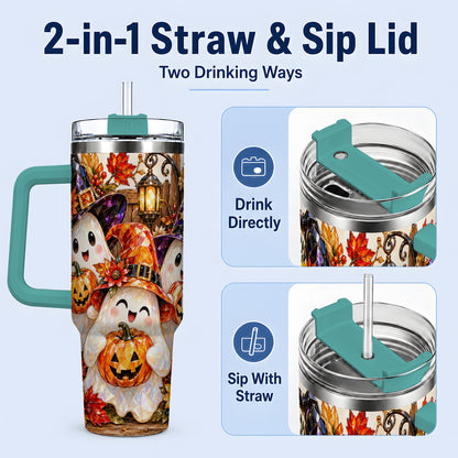 #pl[40oz|Green] Cute Halloween Ghost 40oz Tumbler, Witch Hat Pumpkin Art for Ghost Fans