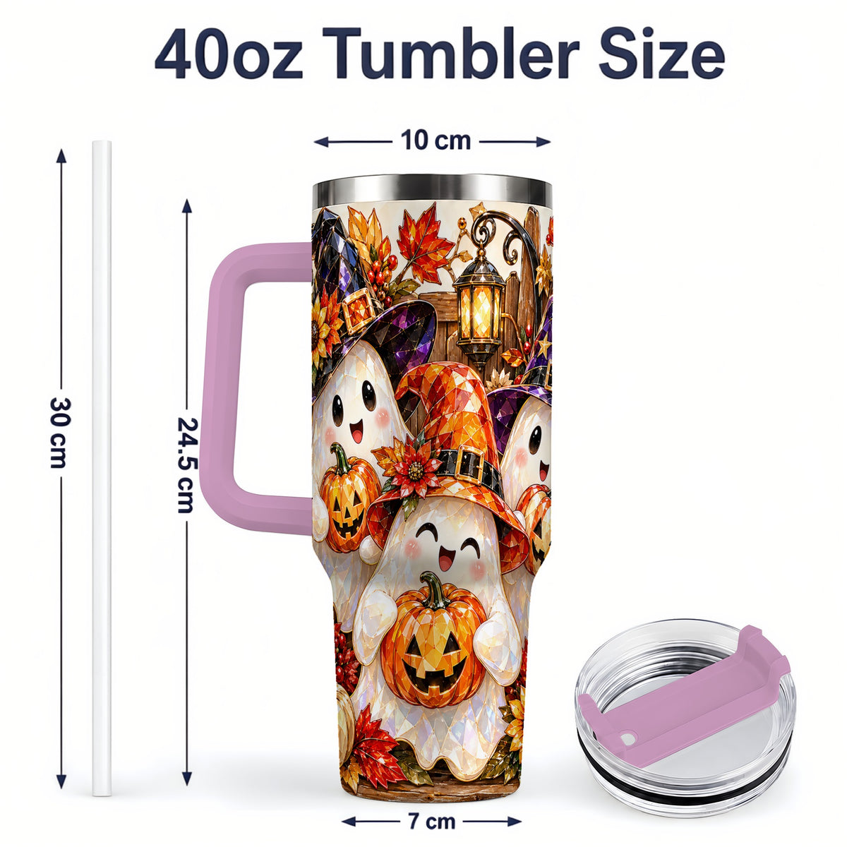#pl[40oz|Pink] Cute Halloween Ghost 40oz Tumbler, Witch Hat Pumpkin Art for Ghost Fans