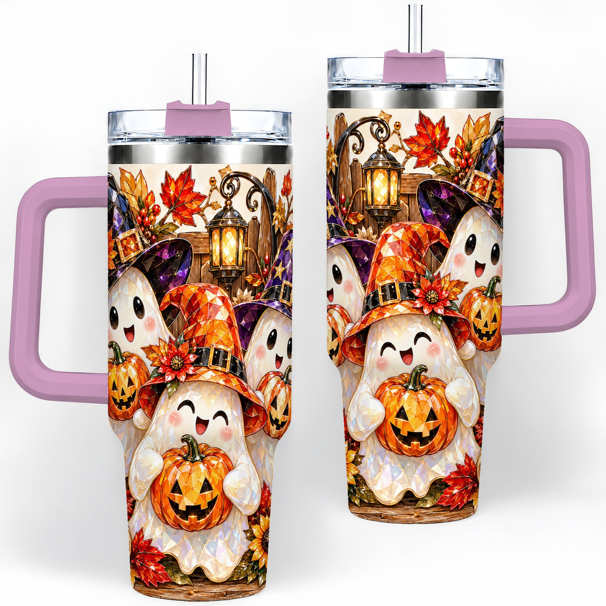 #pl[40oz|Pink] Cute Halloween Ghost 40oz Tumbler, Witch Hat Pumpkin Art for Ghost Fans