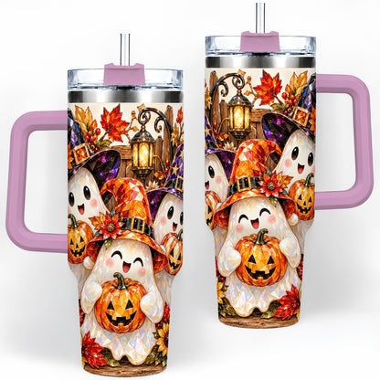 #pl[40oz|Pink] Cute Halloween Ghost 40oz Tumbler, Witch Hat Pumpkin Art for Ghost Fans