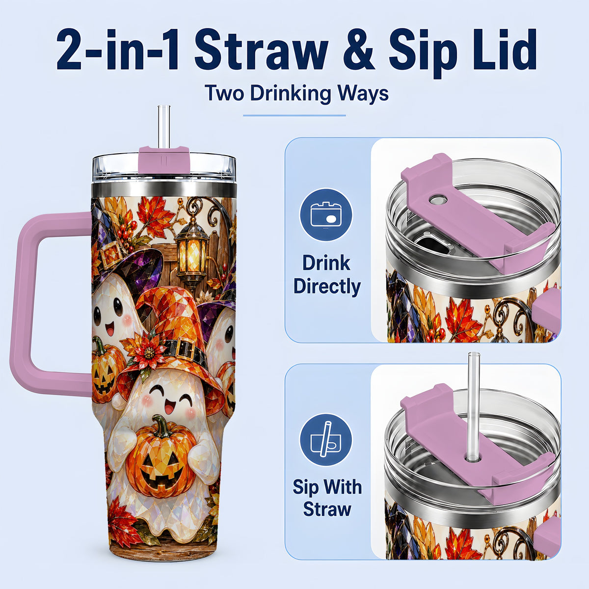 #pl[40oz|Pink] Cute Halloween Ghost 40oz Tumbler, Witch Hat Pumpkin Art for Ghost Fans