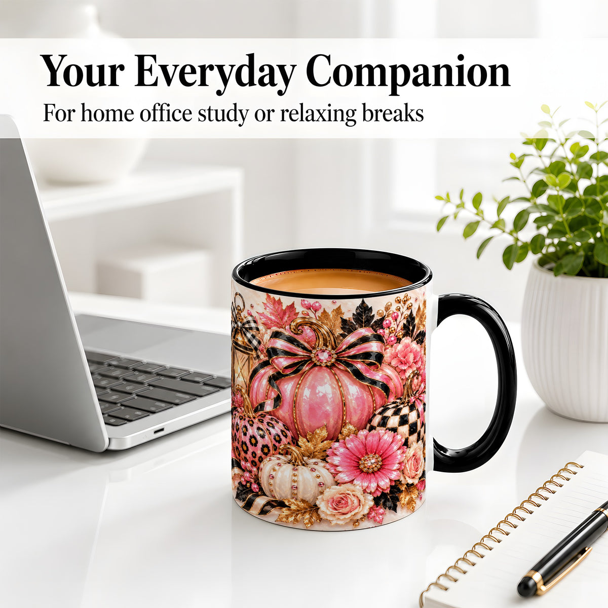 #pl[11oz|Black] Pink Pumpkin Ceramic Mug with Bow, Floral and Checkered Artwork