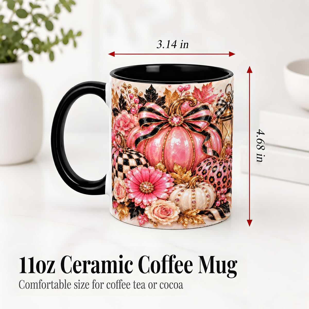 #pl[11oz|Black] Pink Pumpkin Ceramic Mug with Bow, Floral and Checkered Artwork