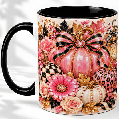 #pl[11oz|Black] Pink Pumpkin Ceramic Mug with Bow, Floral and Checkered Artwork