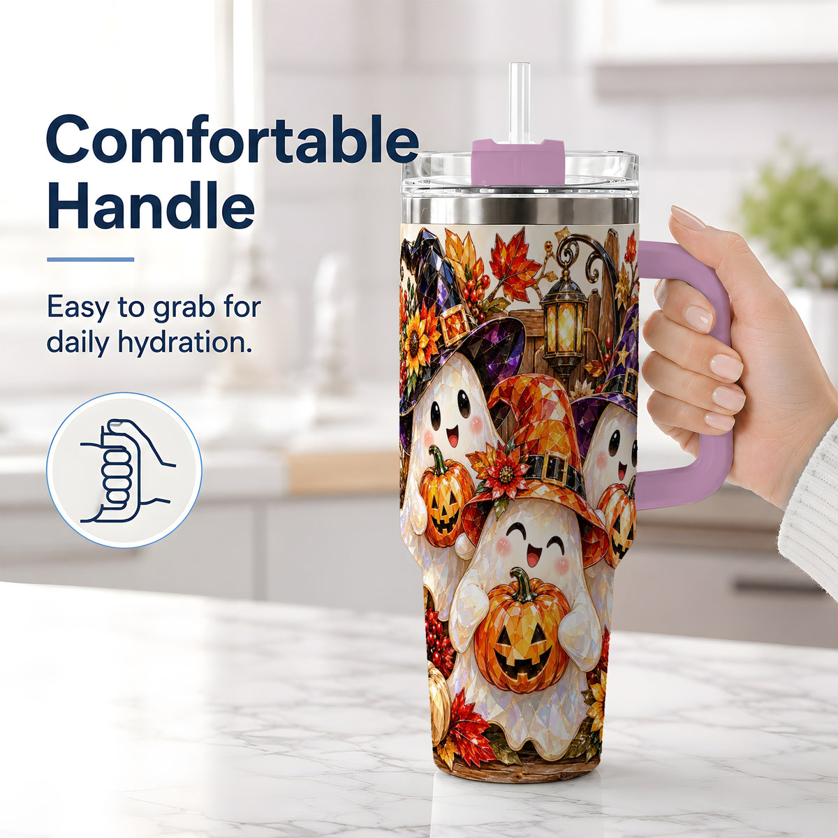#pl[40oz|Pink] Cute Halloween Ghost 40oz Tumbler, Witch Hat Pumpkin Art for Ghost Fans