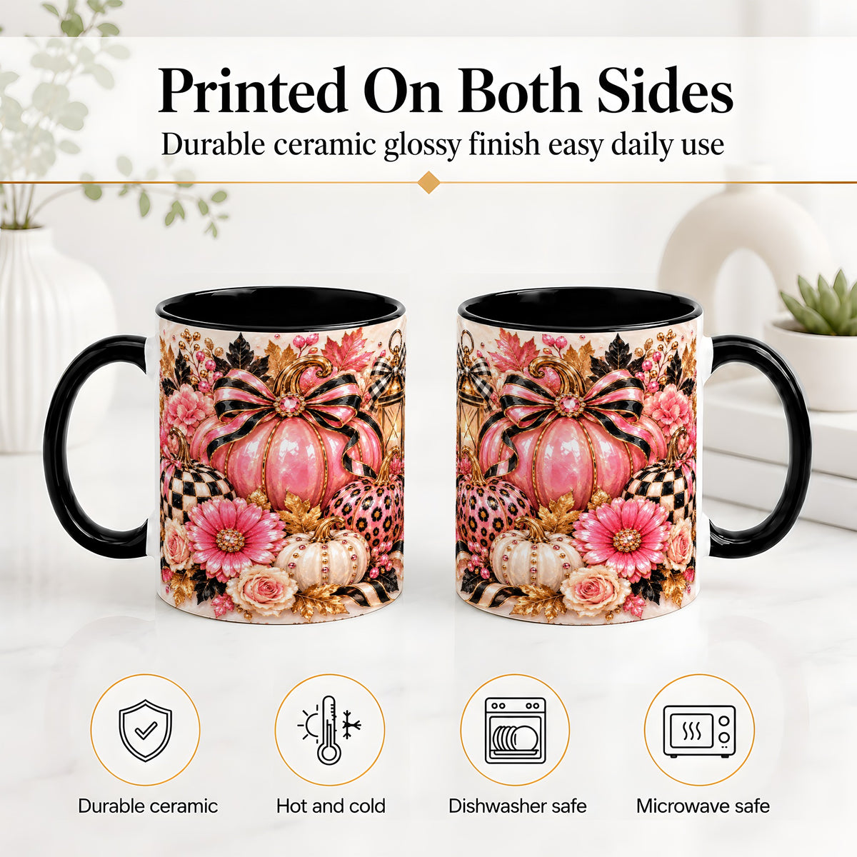 #pl[11oz|Black] Pink Pumpkin Ceramic Mug with Bow, Floral and Checkered Artwork
