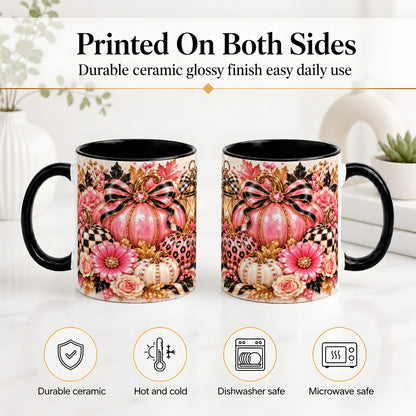 #pl[11oz|Black] Pink Pumpkin Ceramic Mug with Bow, Floral and Checkered Artwork