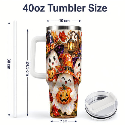 #pl[40oz|White] Cute Halloween Ghost 40oz Tumbler, Witch Hat Pumpkin Art for Ghost Fans