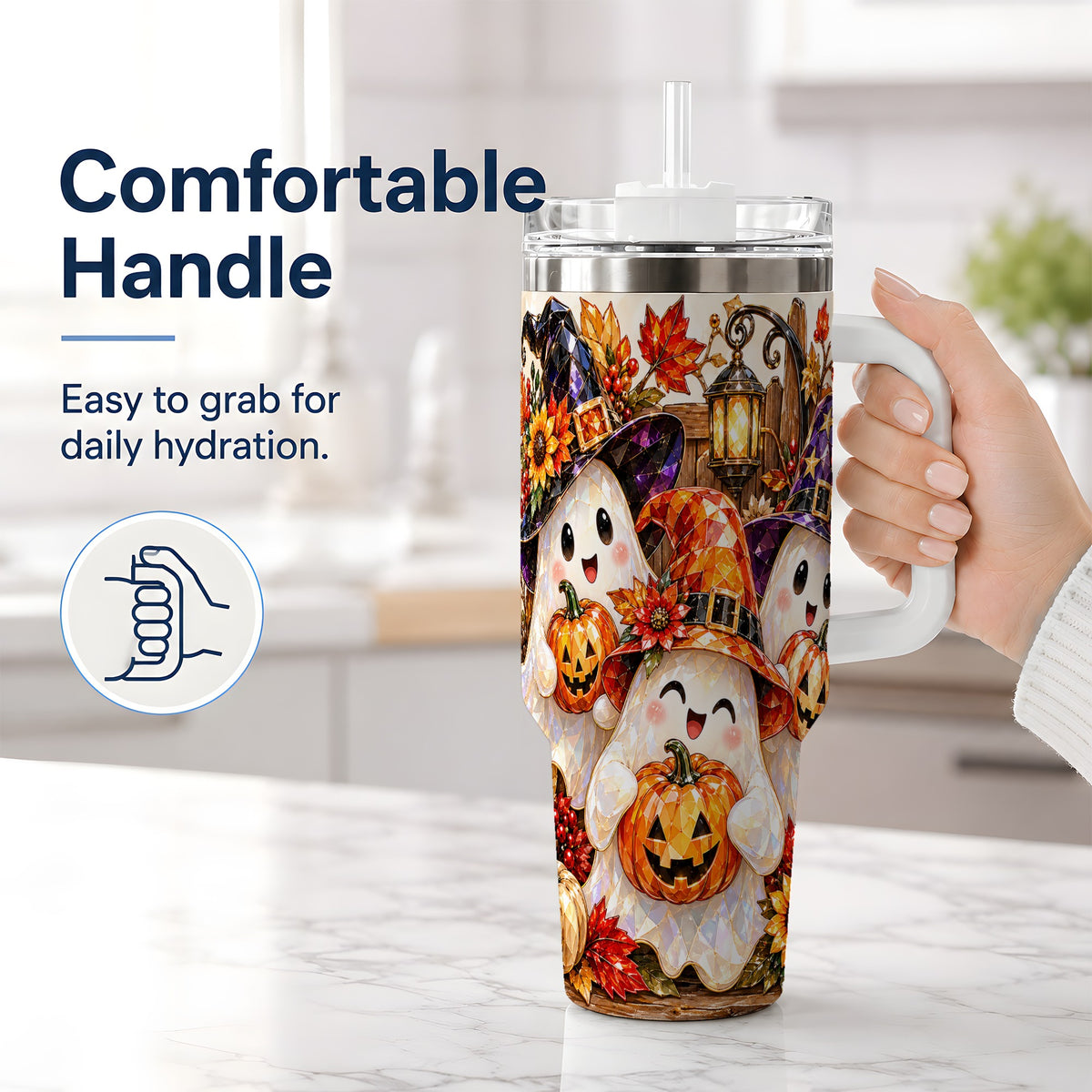 #pl[40oz|White] Cute Halloween Ghost 40oz Tumbler, Witch Hat Pumpkin Art for Ghost Fans