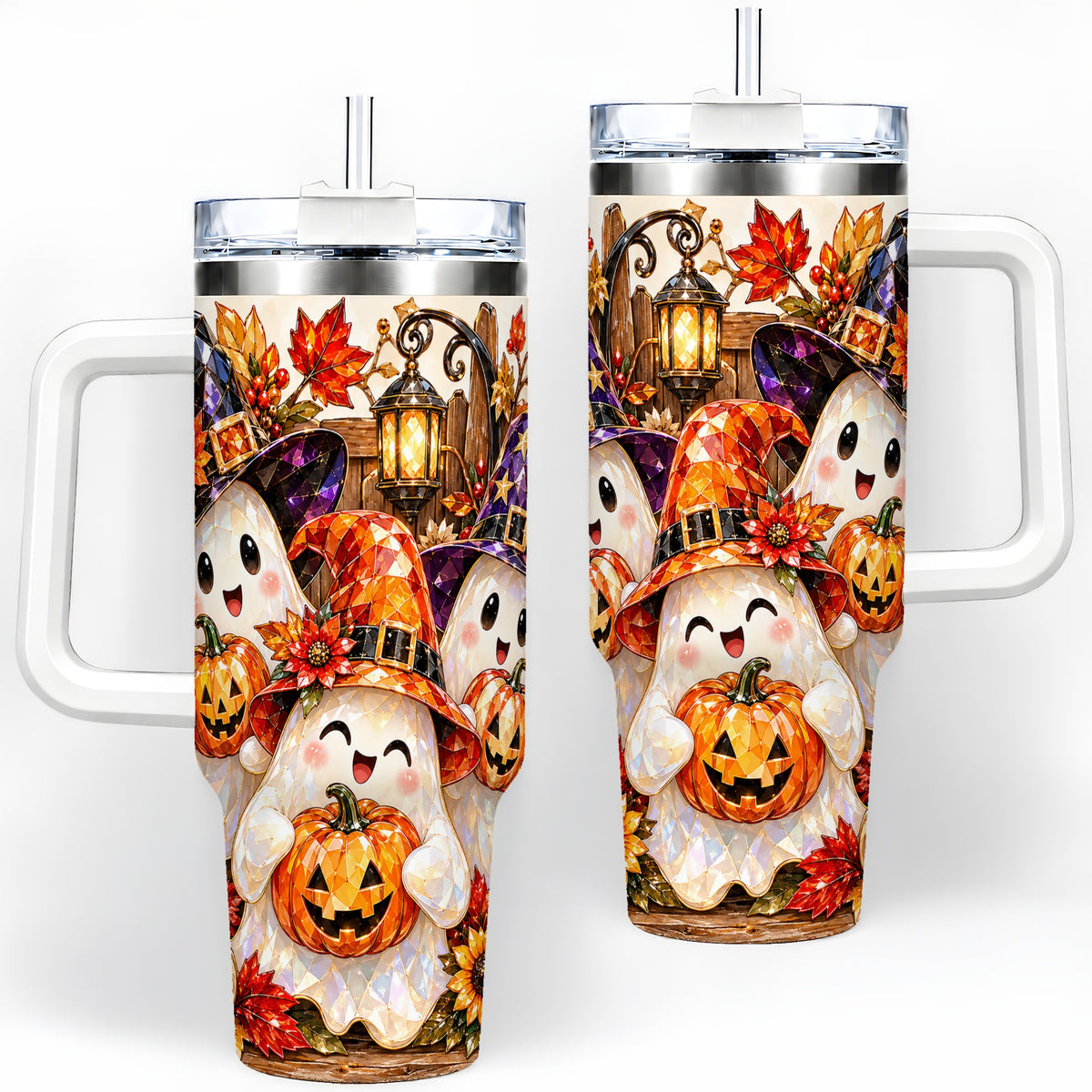 Cute Halloween Ghost 40oz Tumbler, Witch Hat Pumpkin Art for Ghost Fans