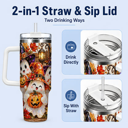 #pl[40oz|White] Cute Halloween Ghost 40oz Tumbler, Witch Hat Pumpkin Art for Ghost Fans