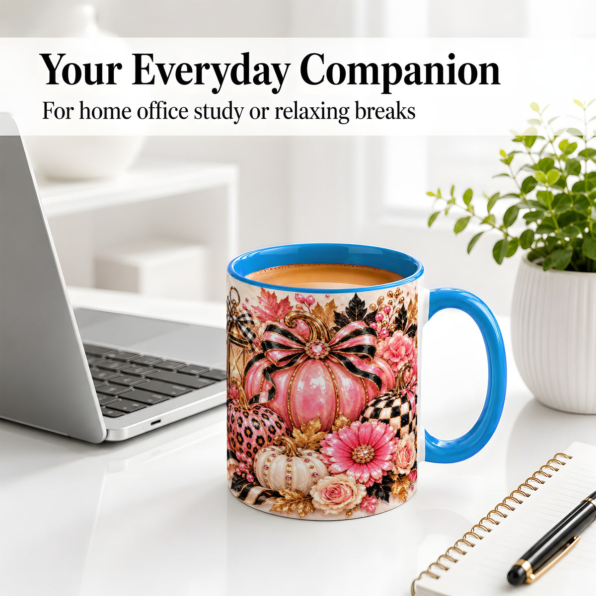 #pl[11oz|Blue] Pink Pumpkin Ceramic Mug with Bow, Floral and Checkered Artwork