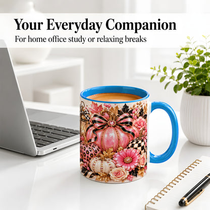 #pl[11oz|Blue] Pink Pumpkin Ceramic Mug with Bow, Floral and Checkered Artwork