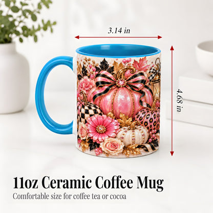 #pl[11oz|Blue] Pink Pumpkin Ceramic Mug with Bow, Floral and Checkered Artwork