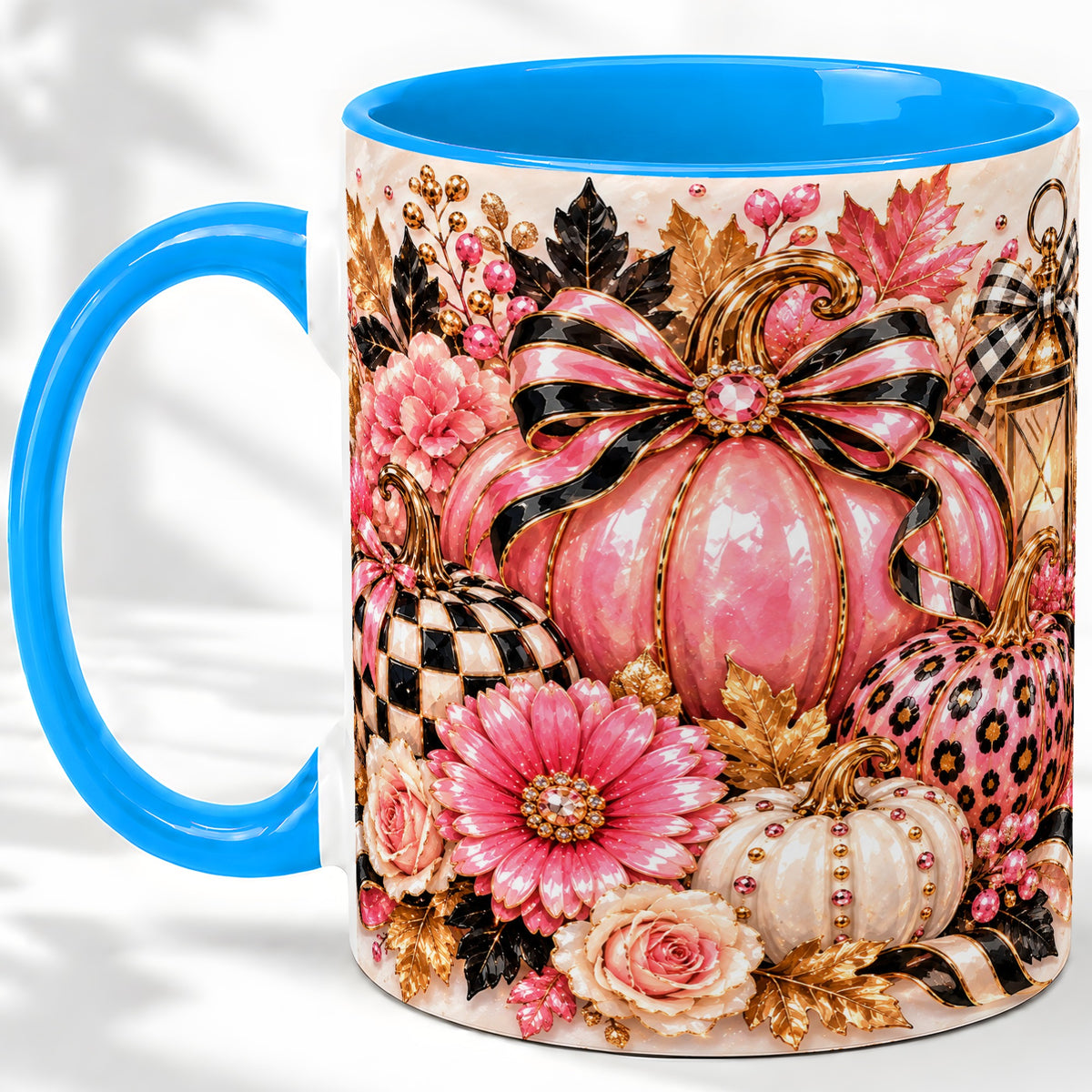 #pl[11oz|Blue] Pink Pumpkin Ceramic Mug with Bow, Floral and Checkered Artwork
