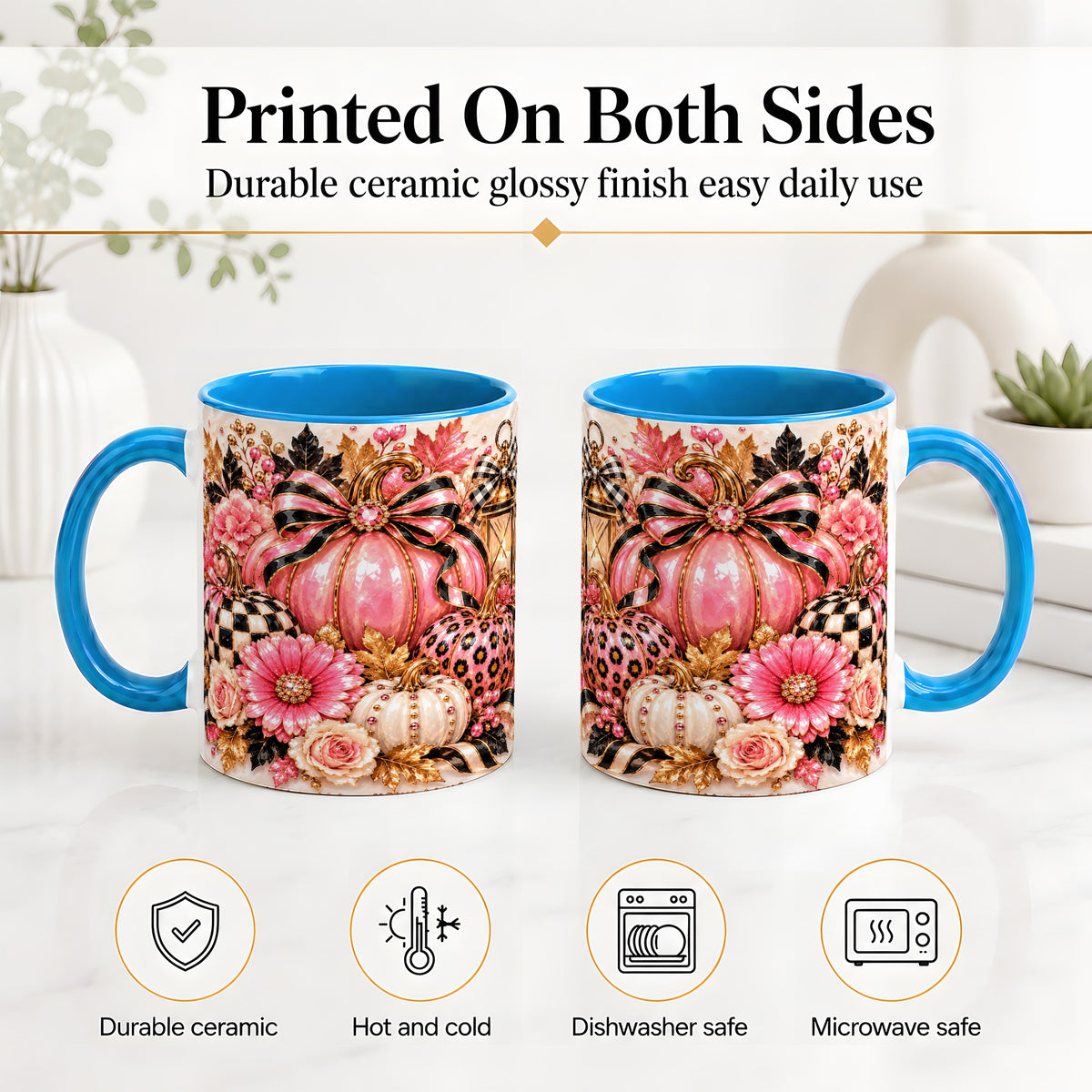 #pl[11oz|Blue] Pink Pumpkin Ceramic Mug with Bow, Floral and Checkered Artwork