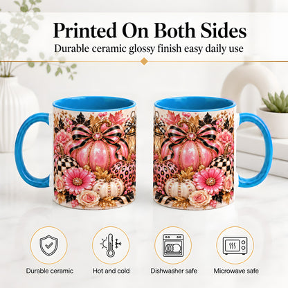 #pl[11oz|Blue] Pink Pumpkin Ceramic Mug with Bow, Floral and Checkered Artwork
