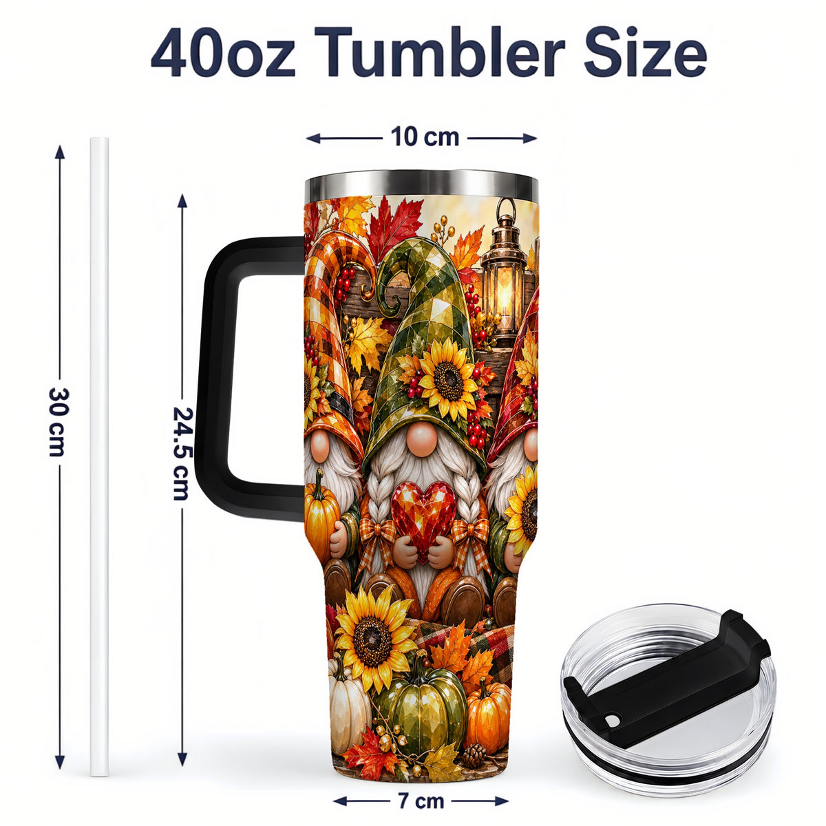 #pl[40oz|Black] Autumn Gnome 40oz Tumbler, Pumpkin Sunflower Artwork for Gnome Lovers