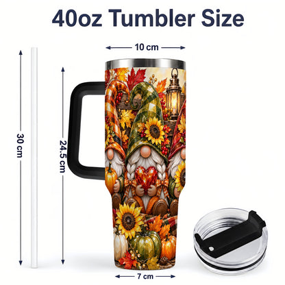 #pl[40oz|Black] Autumn Gnome 40oz Tumbler, Pumpkin Sunflower Artwork for Gnome Lovers