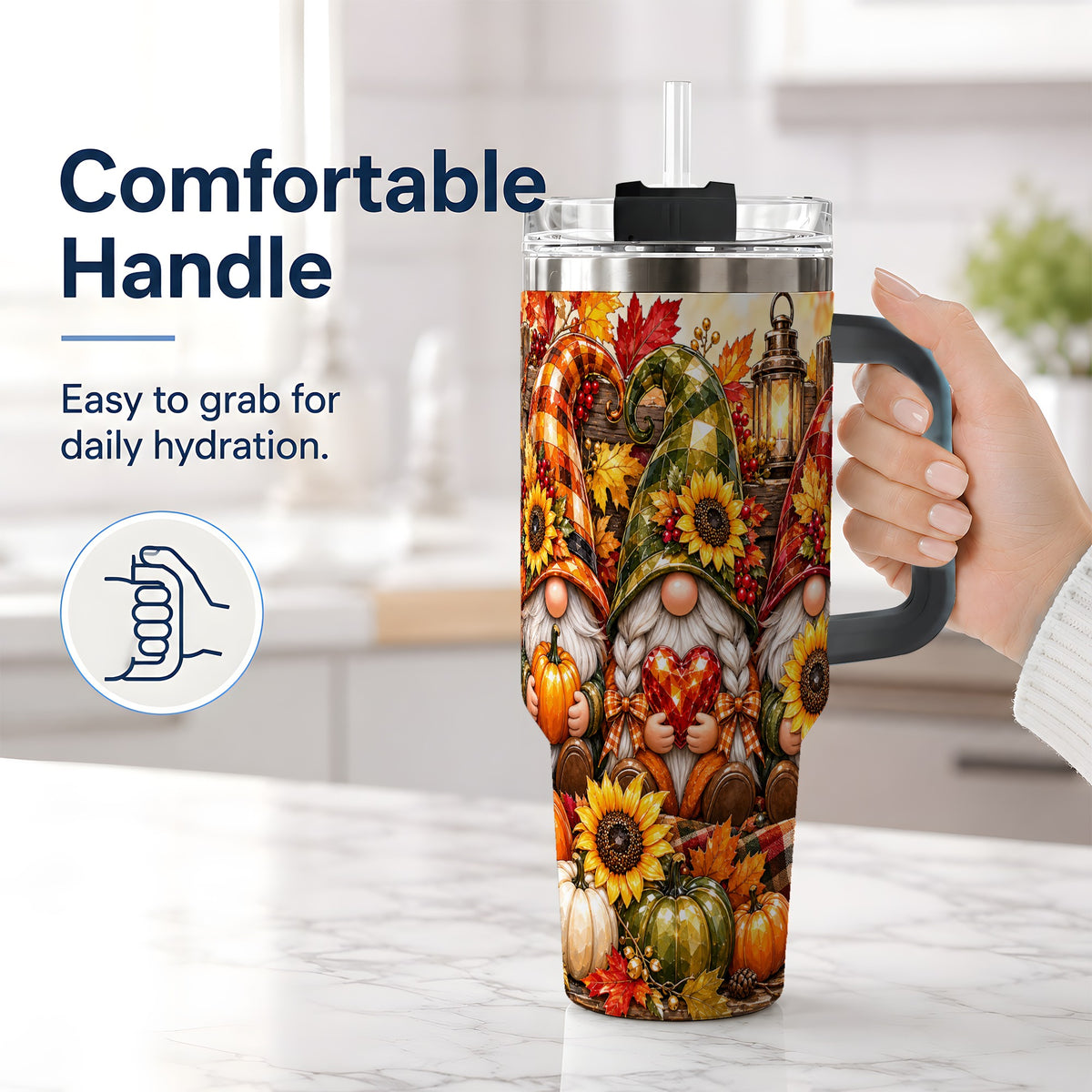 #pl[40oz|Black] Autumn Gnome 40oz Tumbler, Pumpkin Sunflower Artwork for Gnome Lovers