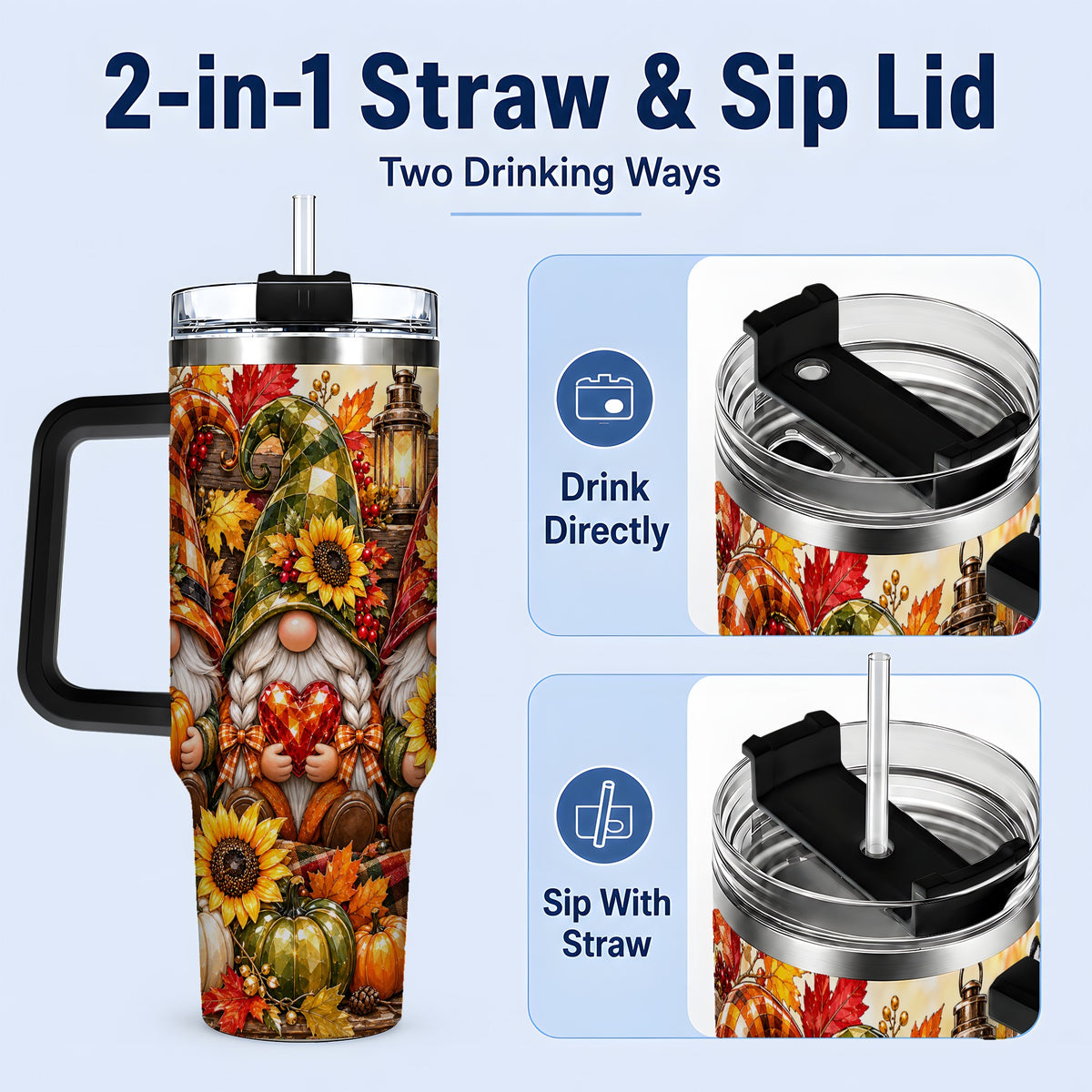 #pl[40oz|Black] Autumn Gnome 40oz Tumbler, Pumpkin Sunflower Artwork for Gnome Lovers