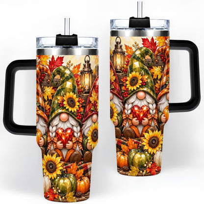 #pl[40oz|Black] Autumn Gnome 40oz Tumbler, Pumpkin Sunflower Artwork for Gnome Lovers