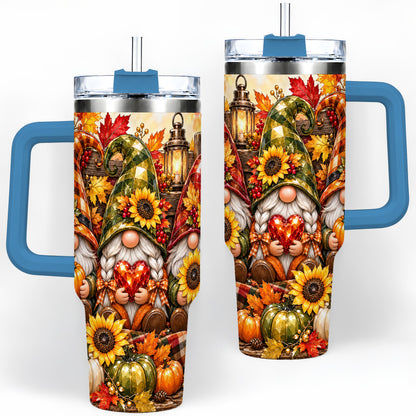 #pl[40oz|Blue] Autumn Gnome 40oz Tumbler, Pumpkin Sunflower Artwork for Gnome Lovers